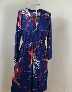 Vintage 1970's Button Wrap Dress Navy Red And White Size Medium